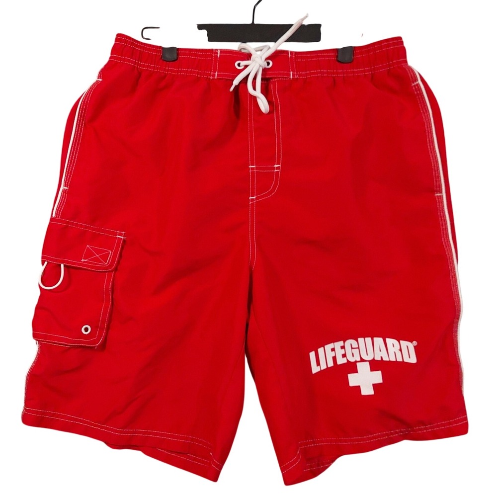 Lifeguard Cargo Swim Shorts Mens 32 Red Polyester Board Quick Dry Beach Lined
